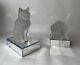 Pair Lalique France Frosted Crystal Sitting Crouching Cat Figures