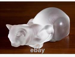 Pair Lalique France Frosted Crystal Sitting Crouching Cat Figures