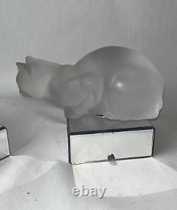 Pair Lalique France Frosted Crystal Sitting Crouching Cat Figures