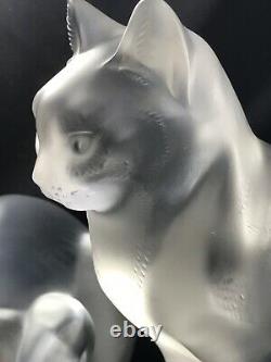 Pair Lalique France Frosted Crystal Sitting Crouching Cat Figures