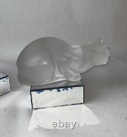 Pair Lalique France Frosted Crystal Sitting Crouching Cat Figures