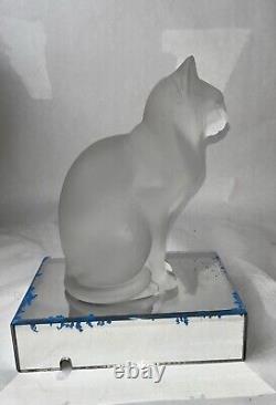 Pair Lalique France Frosted Crystal Sitting Crouching Cat Figures