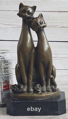 Pair Of Harmony Slender Cat Cats Pet Bronze Sculpture Art Deco Marble Artwork
