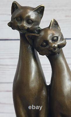 Pair Of Harmony Slender Cat Cats Pet Bronze Sculpture Art Deco Marble Artwork