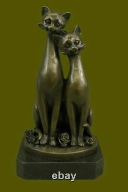 Pair Of Harmony Slender Cat Cats Pet Bronze Sculpture Art Deco Marble Decore
