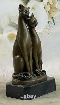 Pair Of Harmony Slender Cat Cats Pet Bronze Sculpture Art Deco Marble Figurine
