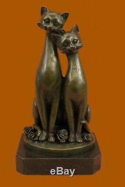 Pair Of Harmony Slender Cats Pet Bronze Sculpture Art Deco Marble Base Figurine