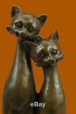 Pair Of Harmony Slender Cats Pet Bronze Sculpture Art Deco Marble Base Figurine