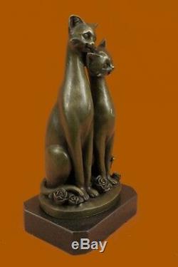 Pair Of Harmony Slender Cats Pet Bronze Sculpture Art Deco Marble Base Figurine