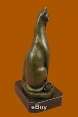 Pair Of Harmony Slender Cats Pet Bronze Sculpture Art Deco Marble Base Figurine