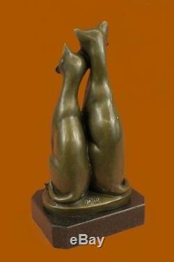 Pair Of Harmony Slender Cats Pet Bronze Sculpture Art Deco Marble Base Figurine