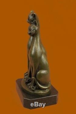 Pair Of Harmony Slender Cats Pet Bronze Sculpture Art Deco Marble Base Figurine