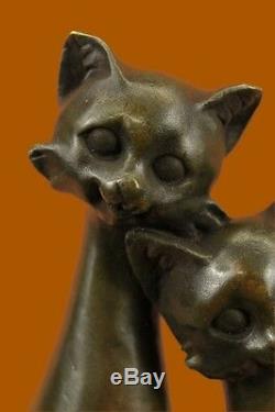Pair Of Harmony Slender Cats Pet Bronze Sculpture Art Deco Marble Base Figurine