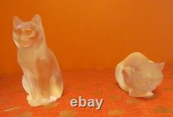 Pair Of Signed Lalique Frosted Crystal Cats/ Chat Couche #11602 & Assia #11603