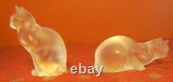 Pair Of Signed Lalique Frosted Crystal Cats/ Chat Couche #11602 & Assia #11603