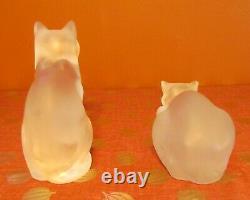 Pair Of Signed Lalique Frosted Crystal Cats/ Chat Couche #11602 & Assia #11603