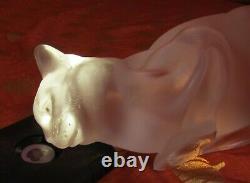 Pair Of Signed Lalique Frosted Crystal Cats/ Chat Couche #11602 & Assia #11603