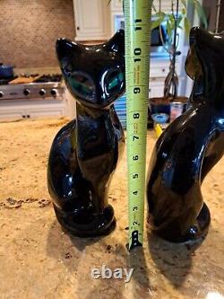 Pair Retro Vintage Glazed Black Cat with Green Eyes art deco ceramic