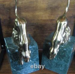 Pair Vintage MCM Green Marble Brass Jaguar Panther Jungle Cats Bookends
