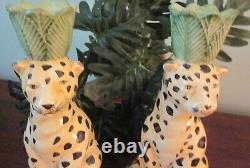 Pair of 11 Hand Painted Ceramic Cheetah Candle Holders Italy