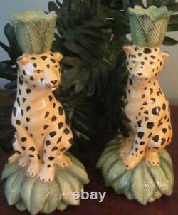 Pair of 11 Hand Painted Ceramic Cheetah Candle Holders Italy