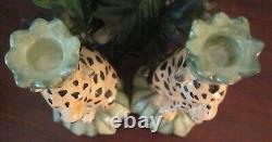 Pair of 11 Hand Painted Ceramic Cheetah Candle Holders Italy