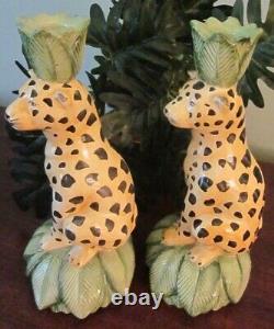 Pair of 11 Hand Painted Ceramic Cheetah Candle Holders Italy