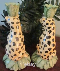 Pair of 11 Hand Painted Ceramic Cheetah Candle Holders Italy