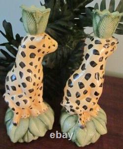 Pair of 11 Hand Painted Ceramic Cheetah Candle Holders Italy