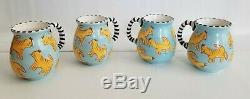 Patricia DuPont Vintage 1999 Handpainted Yellow Cats Coffee 4 Mugs Sky Blue Set