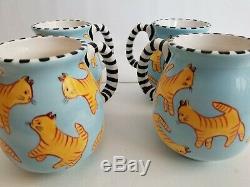 Patricia DuPont Vintage 1999 Handpainted Yellow Cats Coffee 4 Mugs Sky Blue Set