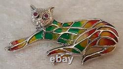 Plique a jour sterling silver & ruby vintage Art Deco antique cat brooch