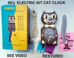 RARE 60's-SILVER UNJEWELED-KIT CAT KLOCK-KAT CLOCK-ORIGINAL MOTOR RB-VINTAGE-USA