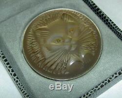 RARE Authentic LALIQUE Cat Chat Satin Bronze Crystal Pin Brooch in Original Box