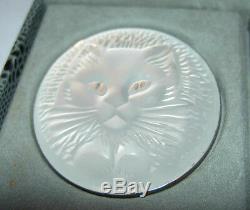 RARE Authentic LALIQUE Cat Chat Satin Clear Crystal Pin Brooch New Original Box