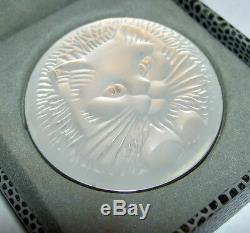 RARE Authentic LALIQUE Cat Chat Satin Clear Crystal Pin Brooch New Original Box