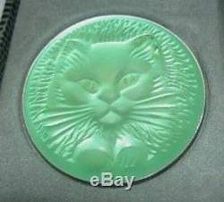RARE Authentic LALIQUE Cat Chat Satin Green Crystal Pin Brooch New Original Box