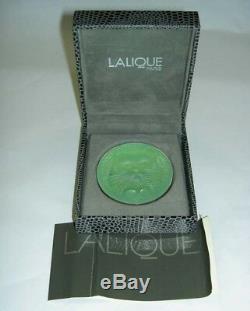 RARE Authentic LALIQUE Cat Chat Satin Green Crystal Pin Brooch New Original Box