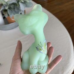 RARE Fenton HAPPY CAT Sea Green Satin Hand Painted Butterfly 6 #5277GE