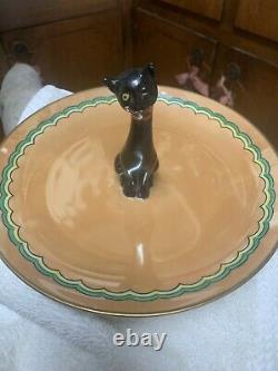 RARE NORITAKE ART DECO WINKING BLACK CAT Orange Luster Cntr Handld Serving Plate