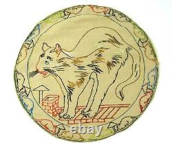 Rare Antique Art Deco Cat & Mouse Embroidered Linen Pillowcase France 1925