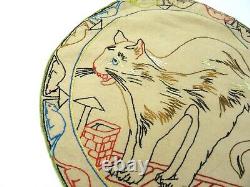 Rare Antique Art Deco Cat & Mouse Embroidered Linen Pillowcase France 1925