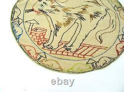 Rare Antique Art Deco Cat & Mouse Embroidered Linen Pillowcase France 1925