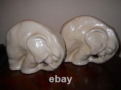 Rare Antique Art Deco Cream Glaze Pottery Elephant Bookends Awesome Shape