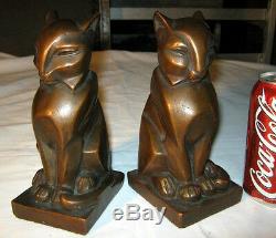 Rare Antique Bronze Clad Art Deco Egyptian Gothic Medieval Cat Statue Bookends