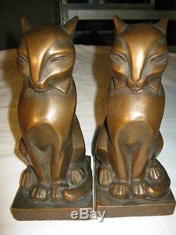 Rare Antique Bronze Clad Art Deco Egyptian Gothic Medieval Cat Statue Bookends
