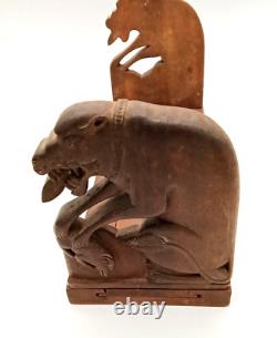 Rare Antique Carved Wooden Expandable Art Deco Panther Cat With Prey Bookends