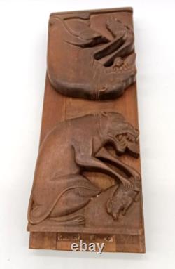 Rare Antique Carved Wooden Expandable Art Deco Panther Cat With Prey Bookends