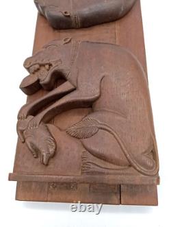Rare Antique Carved Wooden Expandable Art Deco Panther Cat With Prey Bookends