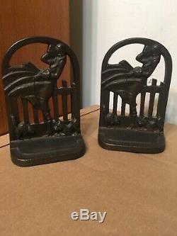 Rare Antique Cast Iron March Girl Bookends With Terrier Dog & Cat Art Deco